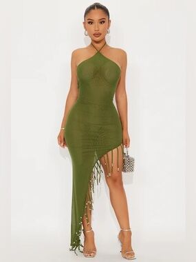 Fashion Nova Tropic Vibes Fringe Midi Dress - Olive NWOT